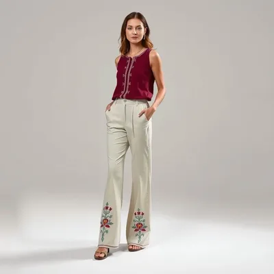 Pantalón wide leg con detalle bordado Aracena — Índigo Norte